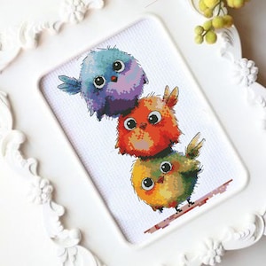 Three cheerful colorful funny birds Cross stitch pattern PDF 59х107 stitches easy cozy pattern for cool gift DIY instant download