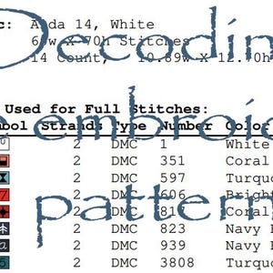 May include: A cross-stitch pattern chart with the words "Decoding the embroidery pattern". The chart includes a color key with symbols, DMC floss numbers, and color names like white, coral, and turquoise.