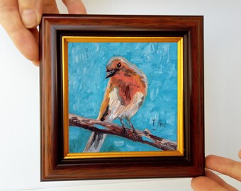 Oiseau à la poitrine orange Mini peinture à l'huile 4 pouces encadrée sur support cadeau prêt à l'emploi original petite oeuvre d'art