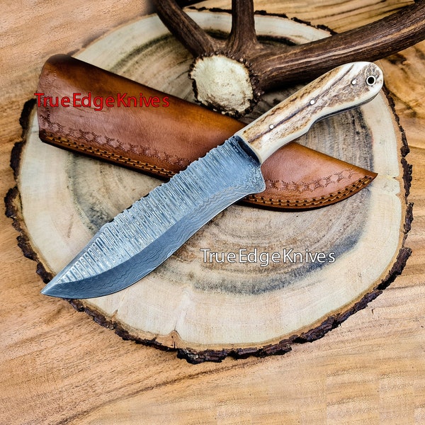 17.5" Handmade Damascus Tool Steel Hunting Vintage Bowie Knife with Stag Handle Birthday, Anniversary, Wedding Best Gift For Him USA made