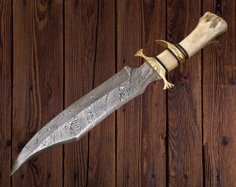 Handmade Damascus Steel Hunting Big Vintage Bowie Knife with Camel Bone knife Birthday Anniversary Wedding Gift Father day Gift Made in USA