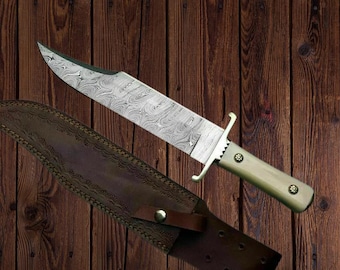 15&quot;Handmade Damascus Steel hunting bowie knife Camel Bone Handle knife Handle Birthday Anniversary Wedding Halloween Christmas Gift for Him
