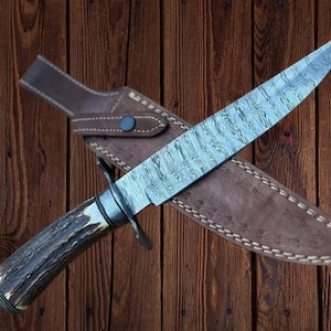 Handmade Damascus Steel Hunting Big Vintage Bowie Knife with stag Handle knife Birthday, Anniversary Wedding Gift for Him Halloween Gift
