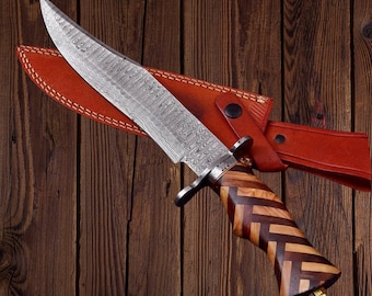 17&quot;Handmade Damascus Steel Hunting Big Vintage Bowie Knife with Wood Handle Birthday, Anniversary Wedding Halloween Christmas Gift for Him