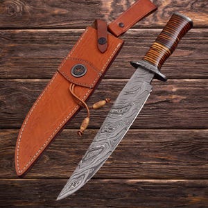 Handmade Damascus Steel Hunting Big Vintage Bowie Knife with Wood Handle knife Birthday Anniversary Wedding Gift Halloween Thanksgiving Gift