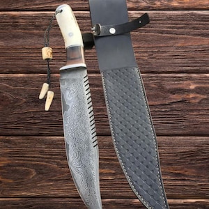 17&#39;&#39;Handmade Damascus Steel Hunting Bowie Knife camel bone knife Birthday Anniversary Wedding Personalized Gift For Him made in USA Dads Day