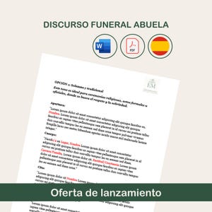 May include: A document titled "DISCURSO FUNERAL ABUELA" with text in Spanish, accompanied by a Word document icon, a PDF icon, and a Spanish flag icon. The document is labeled "Oferta de lanzamiento".