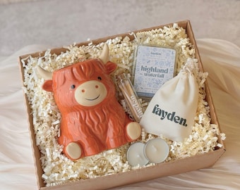 May include: A gift box containing a ceramic orange Highland cow figurine, a rectangular wax melt package labeled Highland Waterfall, a small glass vial of matches, a cream-colored drawstring pouch with the text fayden, and two round tea light candles.