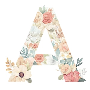 Paquete de letras: 26 imágenes prediseñadas del alfabeto floral PNG para uso comercial: gráficos de tarjetas de descarga digital