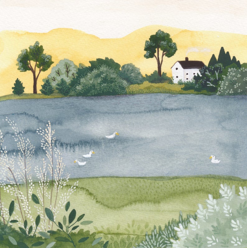 May include: A watercolor painting of a white house with a blue roof, nestled in a green landscape. The house is near a lake with ducks swimming in the water. The sky is a soft yellow.