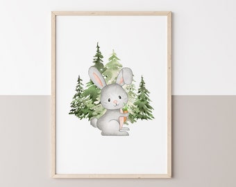 Woodland Rabbit Nursery Print, Woodland Animals Print, Woodland Animals Art Print, Kids Woodlands Art, Nursery Print, Digital Print