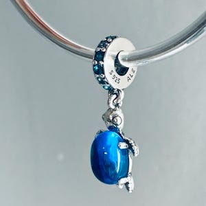 May include: A silver charm with a turtle pendant. The turtle has a large, oval, blue gemstone body. The charm is attached to a silver ring with blue gemstones. The charm is marked with "S925" and "ALE".
