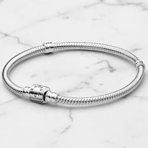 May include: A silver-toned snake chain bracelet featuring a cylindrical clasp engraved with the text PANDORA. The bracelet has a flexible, woven metal texture and includes two fixed stations along the band to hold charms in place securely.