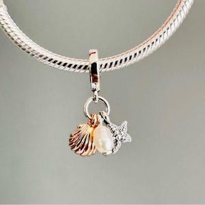 May include: A silver charm with a seashell, pearl, and starfish design. The seashell is gold-toned, the pearl is white, and the starfish is encrusted with small, clear stones. The charm is suspended from a silver chain.