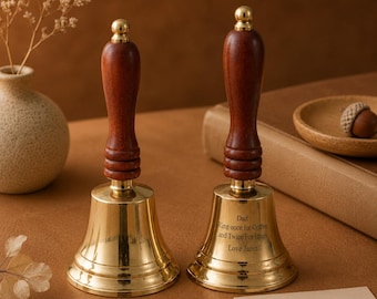 Personalised Brass Hand Bell, Engraved Wooden Handle Keepsake Gift, Vintage School Call Bell