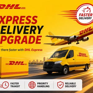 Può includere: Una grafica promozionale gialla DHL con un aereo cargo e un furgone per le consegne. Il testo recita: DHL EXPRESS DELIVERY UPGRADE, Get it there faster with DHL Express, FASTER DELIVERY, FASTER TRANSIT, PRIORITY HANDLING e RELIABLE DELIVERY.