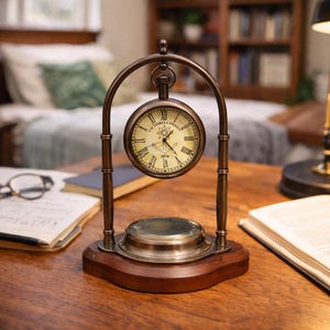 Könnte beinhalten: Eine Tischuhr im Vintage-Stil mit rundem Zifferblatt und römischen Ziffern. Die Uhr ist in einem bogenförmigen Rahmen in Bronzefarbe aufgehängt und steht auf einem Holzsockel. Das Zifferblatt zeigt "Victoria London 1876".