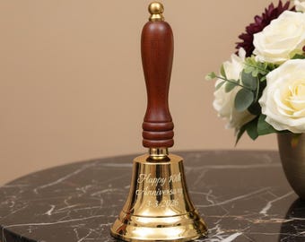 名入れ可能な真鍮製教師用デスクベル、刻印入り木製ハンドル記念品、ヴィンテージスクールコールベル