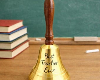 Engraved Brass Call Bell with Wooden Handle | Custom Teacher Desk Bell | Retirement Gift | Hand Bell