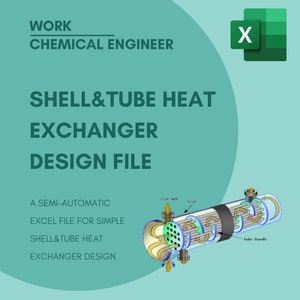 Puede incluir: Una ilustración verde y azul de un diseño de intercambiador de calor de carcasa y tubos. La ilustración muestra el flujo de fluidos a través del intercambiador. El texto "WORK CHEMICAL ENGINEER" está en la parte superior de la imagen. El texto "SHELL&TUBE HEAT EXCHANGER DESIGN FILE" está en el centro de la imagen. El texto "A SEMI-AUTOMATIC EXCEL FILE FOR SIMPLE SHELL&TUBE HEAT EXCHANGER DESIGN" está debajo de la ilustración. El logotipo de Microsoft Excel está en la esquina superior derecha de la imagen.
