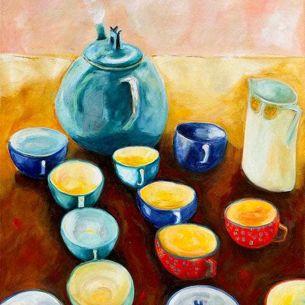 A Whimsical Still Life Oil Painting, The Teapot's Dream, by Susannah Paterson,  Australian Surrealist Painter and Potter