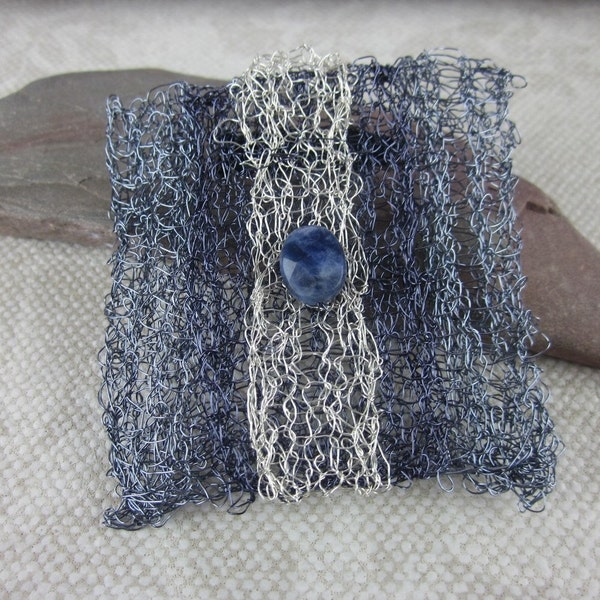 Dark Blue Silver Knitted Wire Brooch