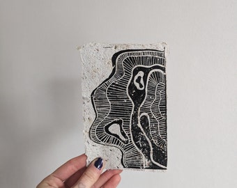 Abstract Linocut Print on Handmade, Recycled Paper