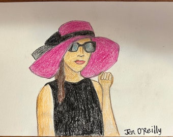 Portrait of a Young Lady, Colored Pencil Drawing, Young Woman in a Hat
