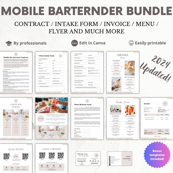 Mobile Bar Forms Bundle, Bartender Business Forms, Bartending Contract, Mobile Bartender Templates, Drinks Menu Template, Bar Flyer