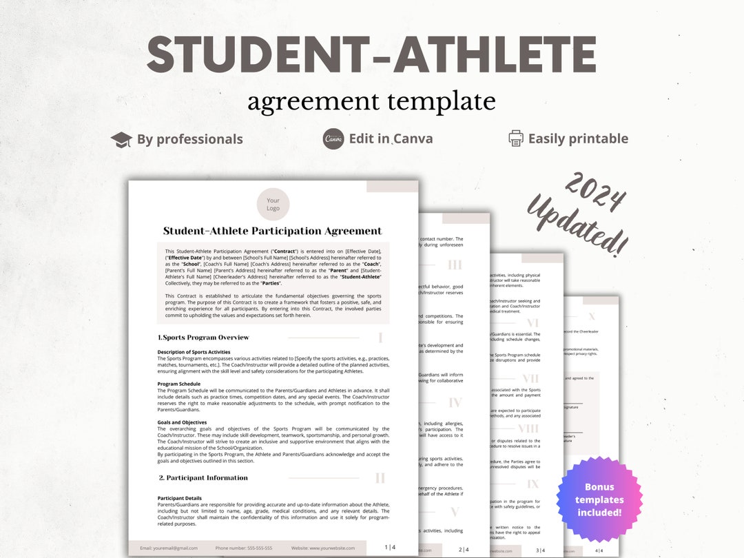 Student Athlete Contract, Athlete Agreement, Student Sports Contract Student Athlete Contract, Athlete Agreement, Student Sports Contract