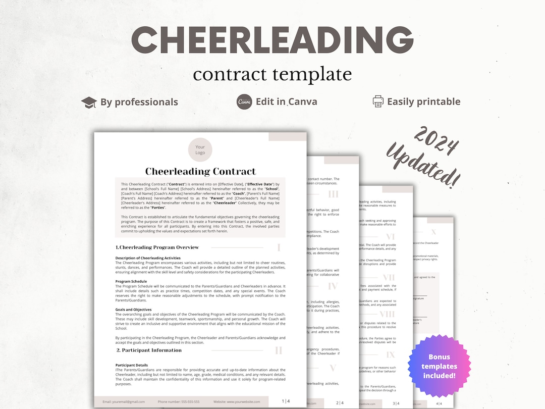 Cheerleading Contract, Cheerleading Agreement Template, Athlete Contract, Cheerleader Forms