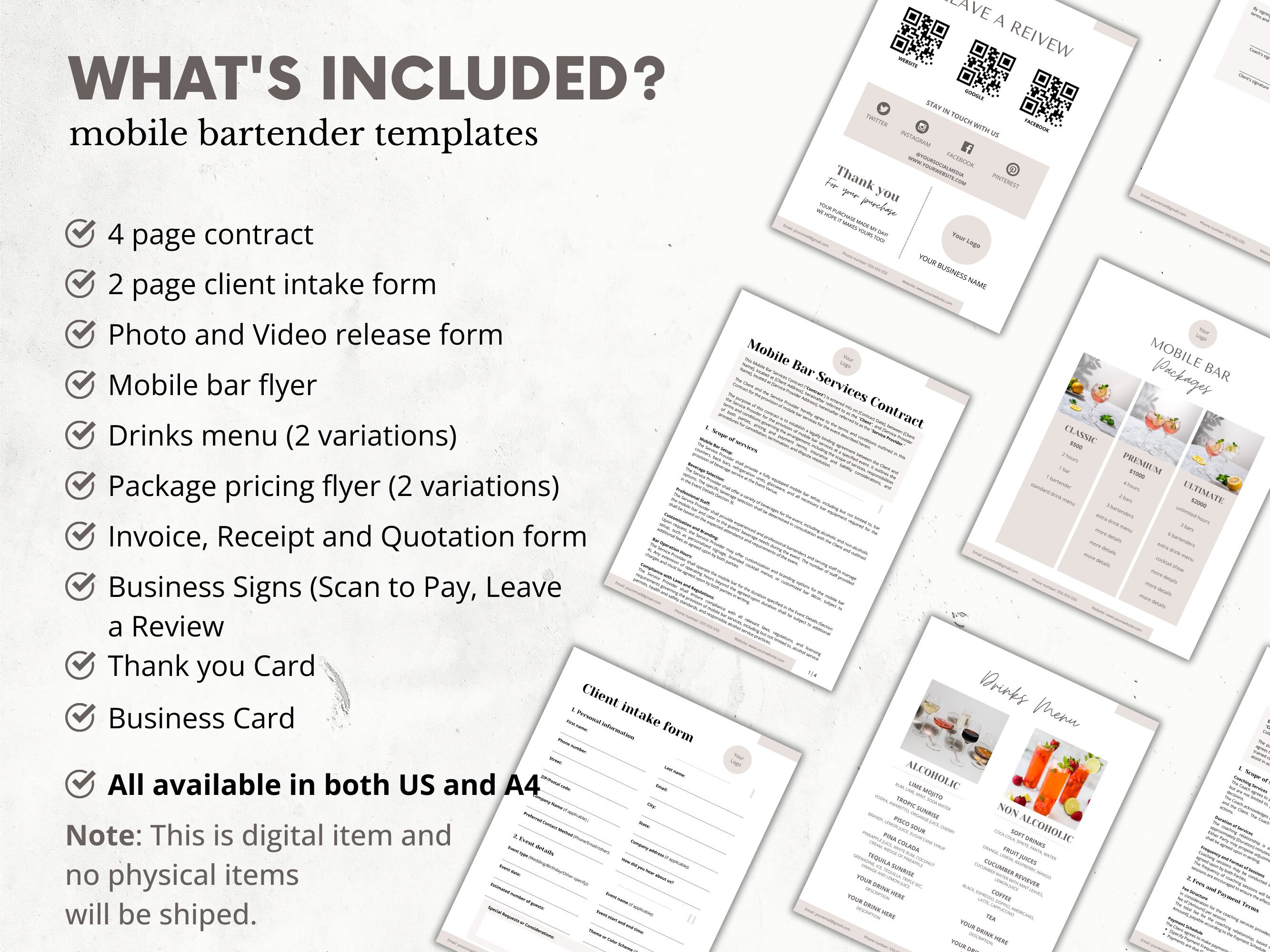Mobile Bar Contract Bundle, Bartender Service Agreement, Bartending ...