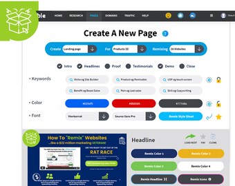 Puede incluir: Una captura de pantalla de un sitio web con una interfaz azul y blanca. El sitio web se llama "Remarkable" y permite a los usuarios crear páginas de destino. El sitio web tiene una sección para palabras clave, color y fuente. El sitio web también tiene una sección para titulares, pruebas, testimonios, demostración y cierre. El sitio web tiene una sección para mezclar sitios web. El sitio web tiene una sección para cargar, siguiente, favorito y clonar. El sitio web tiene una sección para el color de mezcla 1, el color de mezcla 2, el color de mezcla 3, el color de mezcla 4, el título de mezcla y los iconos de mezcla.