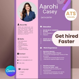 Può includere: Un modello di curriculum viola e rosa con una foto di Aarohi Casey e il titolo "Data Entry". Il curriculum vitae descrive competenze, esperienza e informazioni di contatto, con la scritta "Get hired Faster".