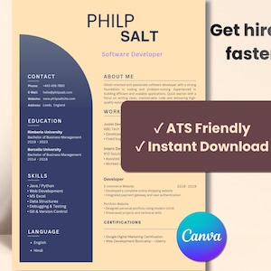 May include: A resume template with a navy blue and beige color scheme. The resume includes sections for contact information, education, skills, and work experience. The text "Get hired faster" is displayed at the top, and "ATS Friendly" and "Instant Download" are also visible.