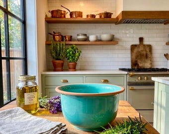 Bol para mezclar de terracota italiana vintage – Plato de servir de loza esmaltada en color verde azulado