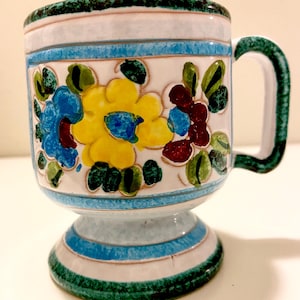 Vintage Italian, hand-painted, ceramic, vibrant floral design, footed mug