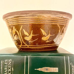 May include: A brown ceramic bowl with a bird and floral design. The bowl is sitting on a green book with gold lettering that reads "THE UNABRIDGED CHARLES DICKENS". The bowl has a wide rim and a textured surface.