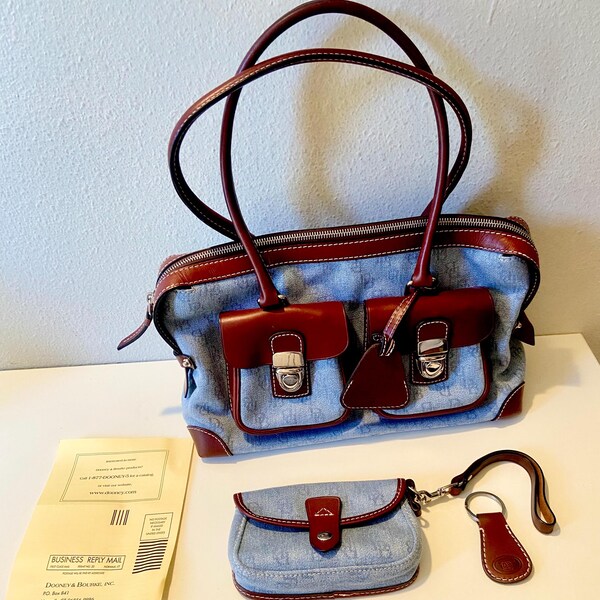 Vintage Dooney and Bourke, Denim and Leather Double Pocket Tote Bag with Pouch and Key Chain Set