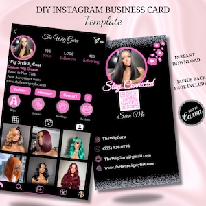 Benutzerdefinierte Instagram Visitenkarte Vorlage | Hair Stylist, Wimpern, Zöpfe & Perücken | DIY Canvas Design mit QR Code | IG Visitenkarten für die Schönheit