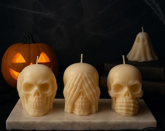 See/Hear/Speak No Evil Skull Candle: Soy Wax Halloween Gothic Decor
