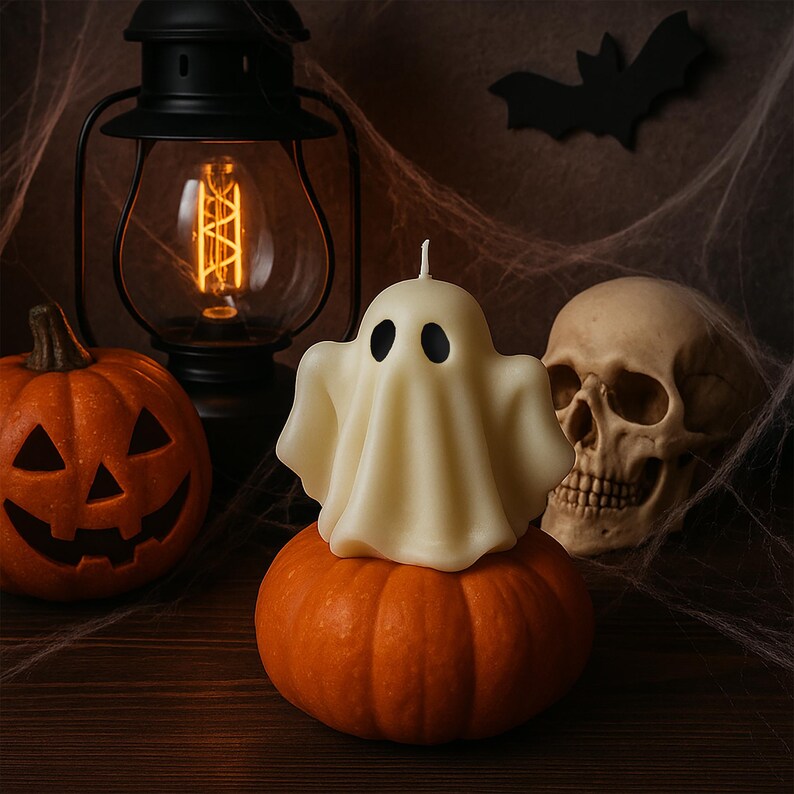 May include: A Halloween-themed still life featuring a carved orange pumpkin, a white ghost candle, and a human skull. A black lantern with a lit bulb and a paper bat complete the spooky scene. The ghost candle sits atop a small pumpkin.