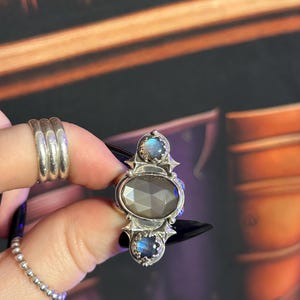 Size 7 Labradorite and Gray Moonstone moon and Star Ring Sterling Silver Sterling Silver