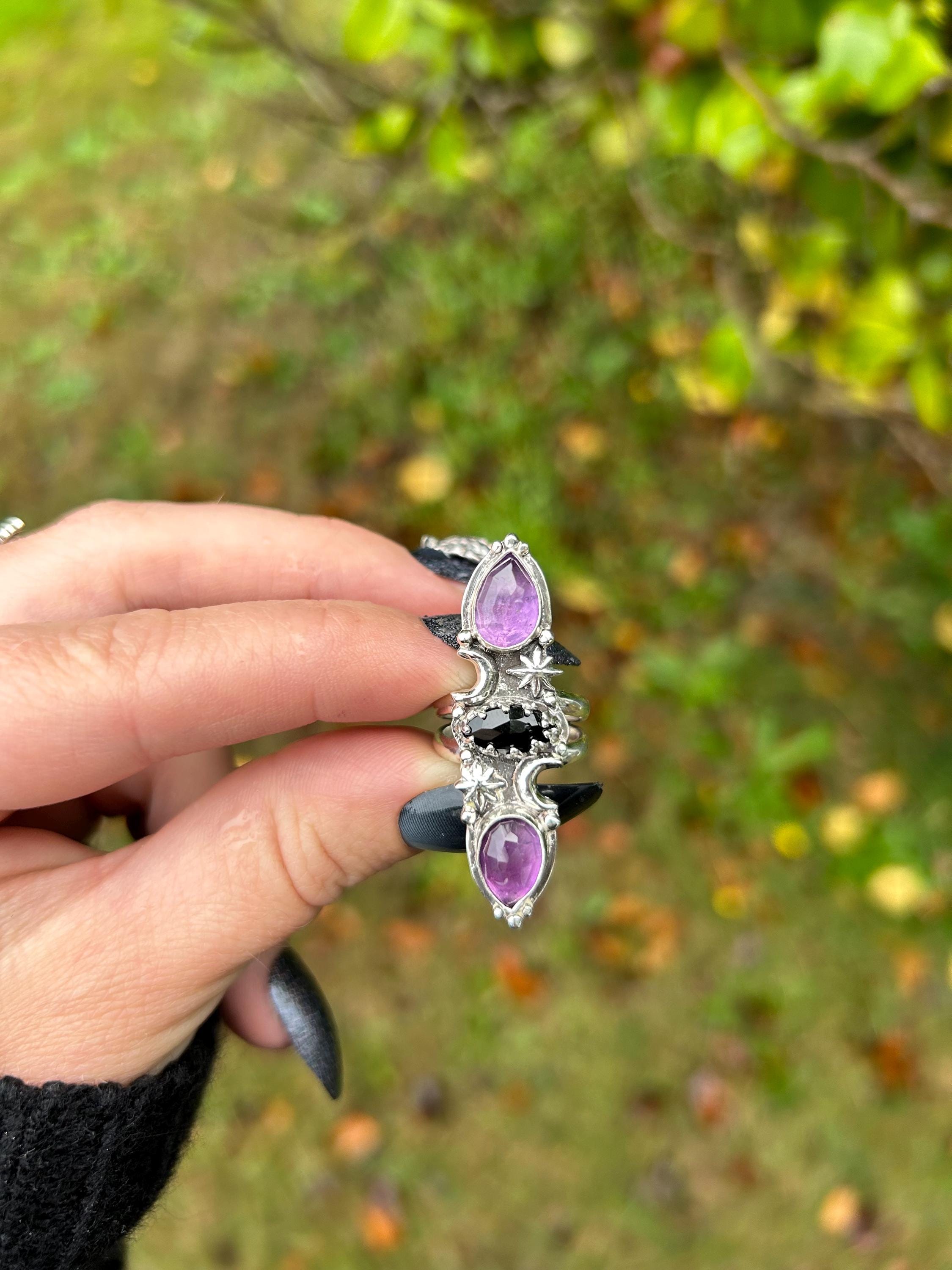 Size 4.5 Dainty Black Onyx and Amethyst Star/Moon Ring Sterling Silver
