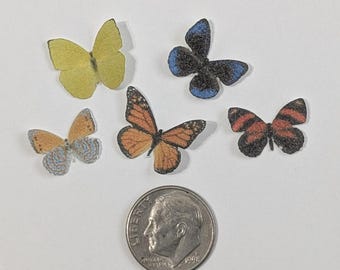 Peut inclure: Cinq petits ornements papillon colorés. Les papillons sont de couleurs jaune, orange, bleu et rouge. Une pièce de monnaie est incluse pour l'échelle. Idéal pour les projets d'artisanat et la décoration.