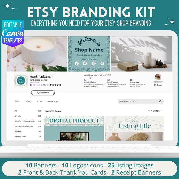 Etsy Seller Branding Bundle Etsy Shop Kit Etsy Banner Template Blue Boho Etsy Store Branding Personalized Shop Canva Editable Templates