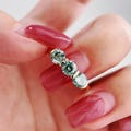 Three Stone Teal Green Moissanite Ring | Bezel Set Anniversary Ring | Gold Vermeil / Sterling Silver 925 Past Present Future Ring