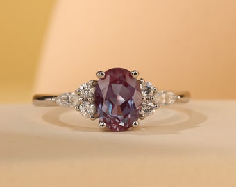 14k white gold Oval Cut Vintage Alexandrite Engagement Diamond Ring Dainty Cluster Marquise and Round Dimond Wedding Promise Ring for her