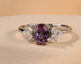14k White Gold Oval Alexandrite Ring - Diamond Cluster Bridal Ring