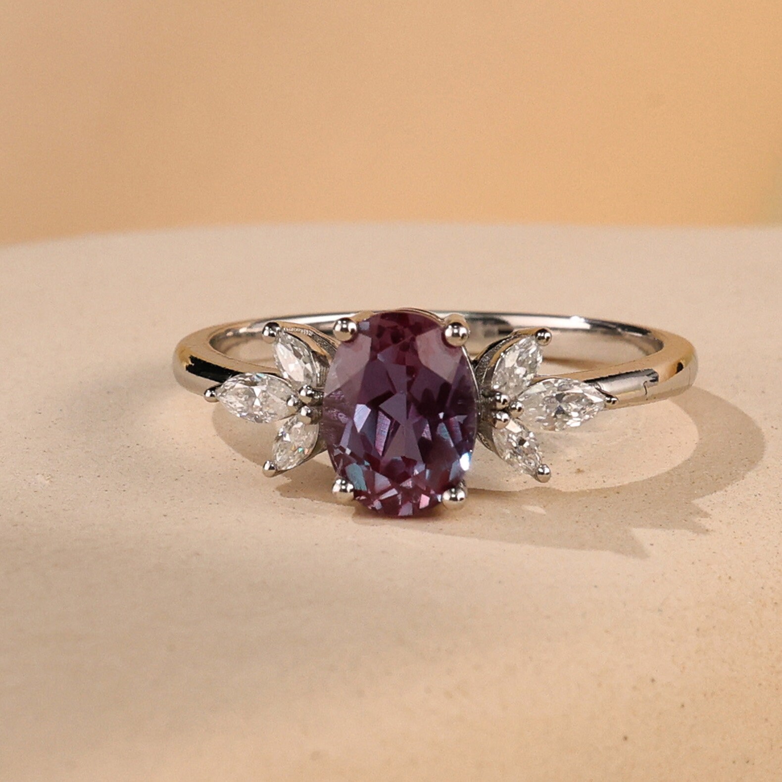 14k White Gold Oval Alexandrite Engagement Diamond Ring Unique Cluster Marquise Cut Diamond Wedding Promise Ring Vintage Bridal Anniversary